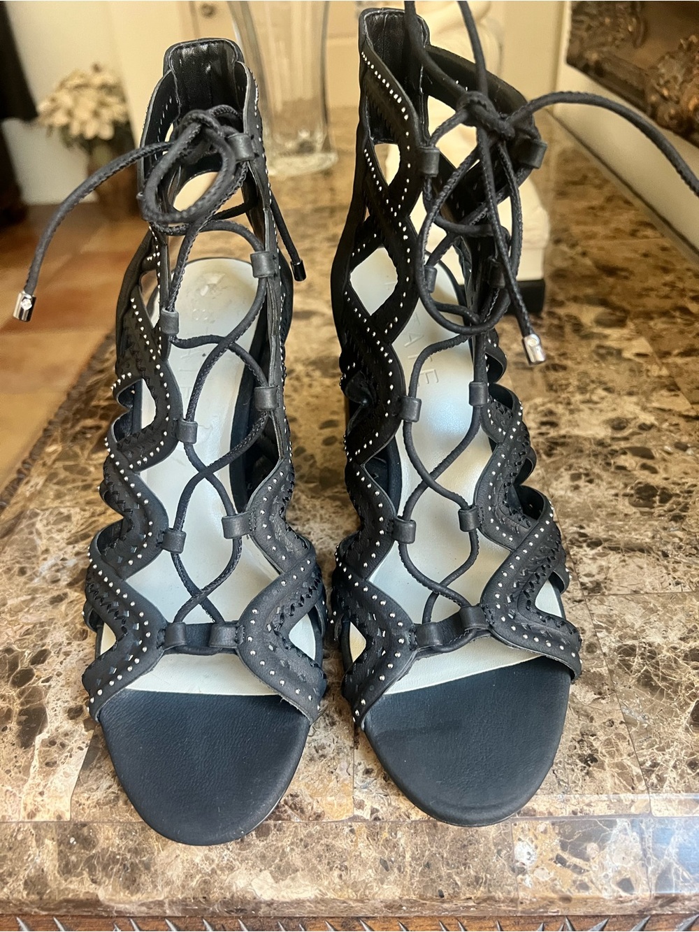 1. State Black Lace-Up Cutout Studded Heeled Sandals